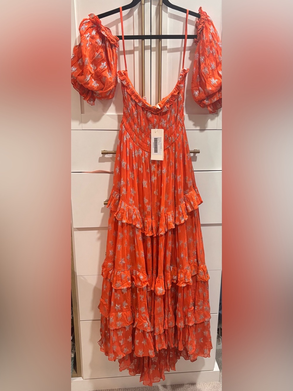 Rococo Sands Ruffled Orange Metallic Star Strapless Maxi Dress